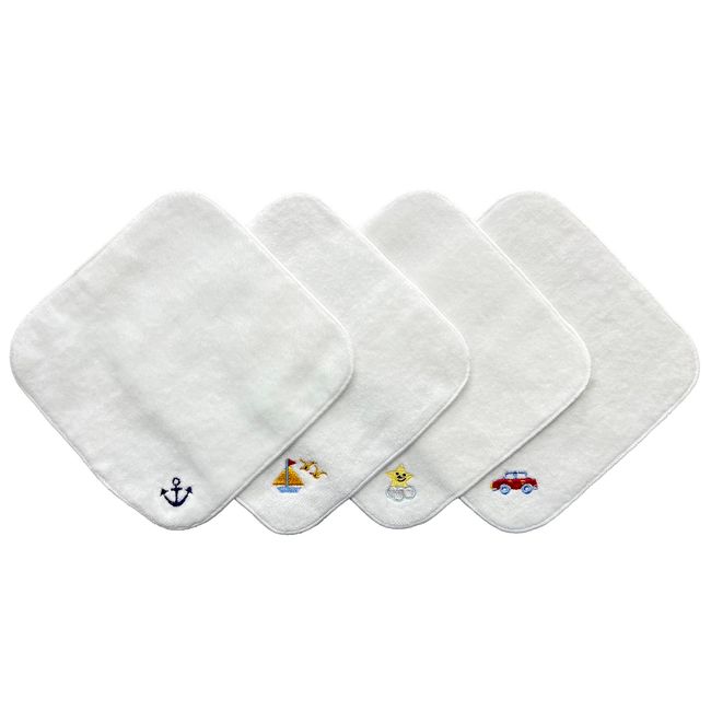 Imabari Towel x Smilish Mini Towel Handkerchief (5.9 x 5.9 inches (15 x 15 cm), Set of 4, Includes Name Space (Anchor & Sailboat, Smile Star & Car)