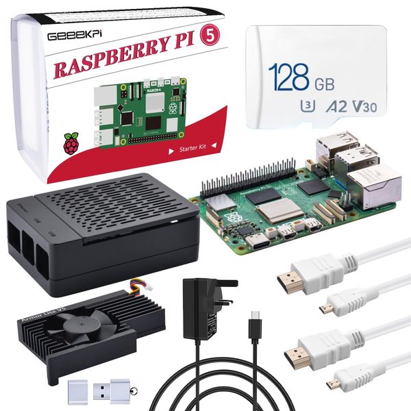 GeeekPi Raspberry Pi 5 8GB Starter Kit with 128GB SD Card, Raspberry Pi 5 Case with Armor Lite V5 Active Cooler, HDMI Cables, Raspberry Pi 27W 5.1V 5A Power Supply for Raspberry Pi 5 (8GB RAM)