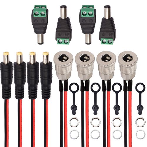 weideer 12Pcs 10A DC Power Jack Cord Socket 5.5x2.1MM Threaded Male and Female Mount Connector Adapter with 15CM 18AWG Pre-soldered Wires Waterproof Cover Cap 4Set K-176