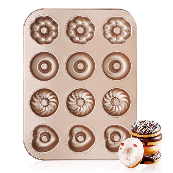 Beasea Donut Baking Pans, 1 Pack Nonstick Doughnut Pans 12 Cavity, Carbon Steel Mini Donut Mold, Bagel Pan for Baking Donut Baking Tray Bagels Mold