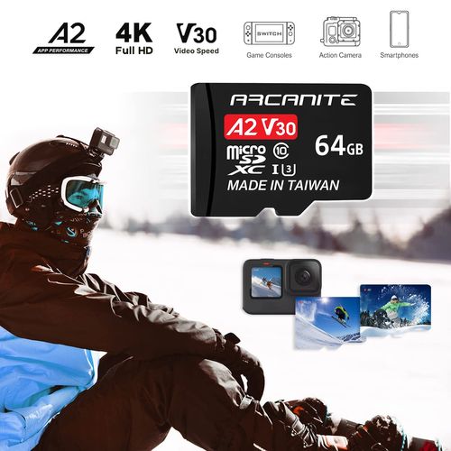 ARCANITE 64GB MicroSDXC Memory Card with Adapter - A2, UHS-I U3, V30, 4K, C10, Micro SD, Optimal Read Speeds Up to 95 MB/s, 64 GB