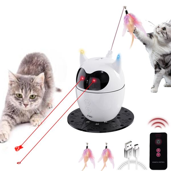 Interactive Cat Toy, 2 in 1 Automatic Cat Toy for Indoor Cats, Rechargeable Automatic Random Rotating Dual Cat Toy, Fluttering Moving Feather with Mini Bells, Cat Wand Toy for Cats/Kittens/Dogs