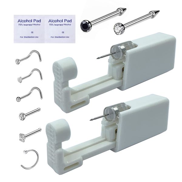 ZZLFML Nose Piercing Kit,2Pack Nose Piercing Gun,Self Nose Piercing Gun Kit Safety Nose Piercing Gun Kit Tool,Contains 6 nose rings(White+Black)