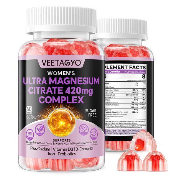Magnesium Citrate Gummies 420mg for Adult - Dual Layer - w/ 10 Billion CFU - 5 Strains Probiotics & Calcium,D3,Biotin,Iron,B6,B12,Folate,Supports for Bone,Nerve,Relaxation,Muscle - Vegan 60 Cts