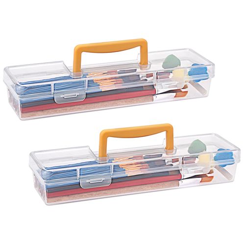 BTSKY 2 Pack Clear Plastic Painting Brush Container with Yellow Handle, Portable Long Paintbrush Case, Drawing Tools Storage Box, Practical Art Supply Organizer for Artist Crafters, 13.1"x3.7"x2.4"