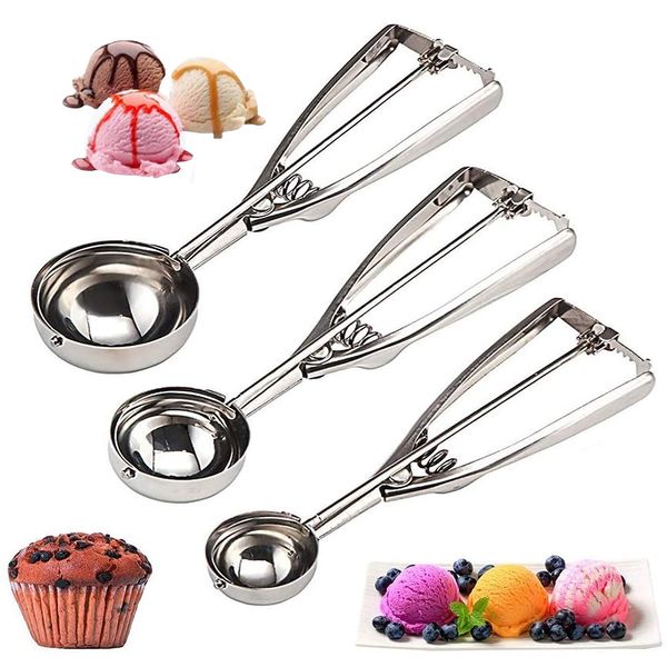 Cookie Scoop Set 3 PCS, with Trigger Large-Medium-Small Size for Kitchen Family Ice Cream Cookie Cupcake Muffin Meatbal multipurpose tainless Steel Ice Cream Scooper