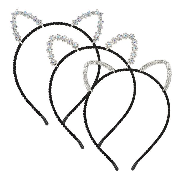 WHAVEL 3 Pcs Cat Ears Headband, Rhinestone Cat Headband Crystal Animal Ears Headband Costume Cosplay Cat Costume Party Supplies Halloween Hair Accessories for Women (C)