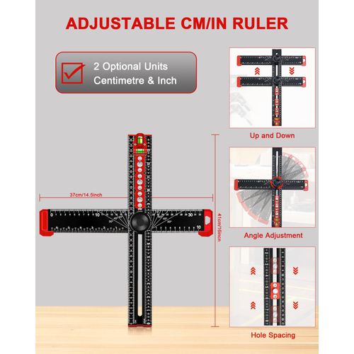 TANYO 5 in 1 Drilling Positioning Ruler, Multifunctional Adjustable T Square Ruler, Aluminum Alloy Cabinet Hardware Jig, Marking Gauge Tools for Woodworking, Cabinet Hole Drilling Template