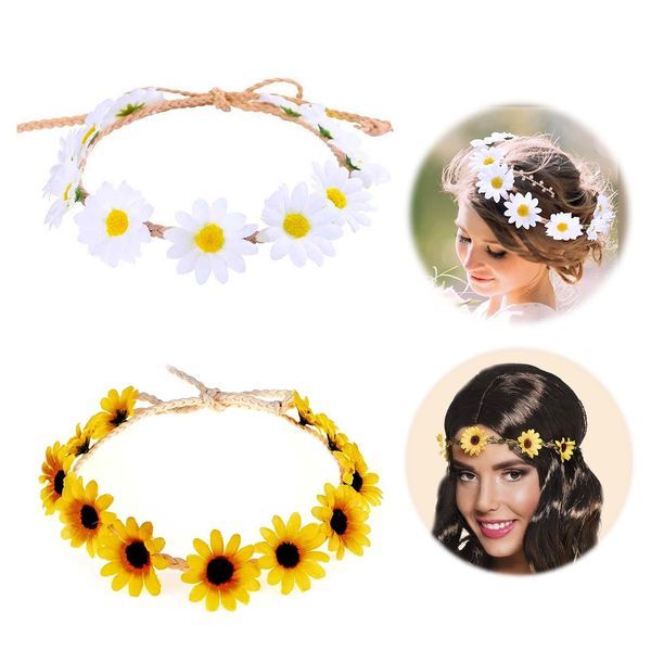 GWAWG 2Pcs White and Yellow Daisy Flower Headband Adjustable Sunflower Headband Crown Boho Flower Headband Floral Hair Wreath Boho Headpiece for Bridal Women Girls Hippie Wedding Party Beach Festival