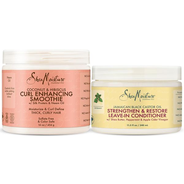 Shea Moisture Curly Hair Care Bundle – Coconut & Hibiscus Curl Enhancing Smoothie & Jamaican Black Castor Oil Strengthen & Restore Leave-In Conditioner, Curl Cream, Frizz Control (2 Piece Set)