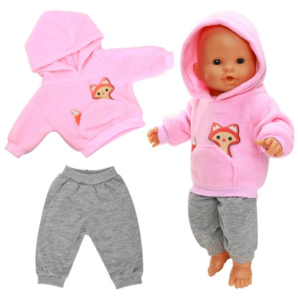 2 Pieces of Baby Doll Clothes for 14-16 Inch Born Baby Doll 1 Pink Hooded Sweatshirt with Grey Sweatpants Cute Outfit for 18 Inch Baby Dolls Clothing Set