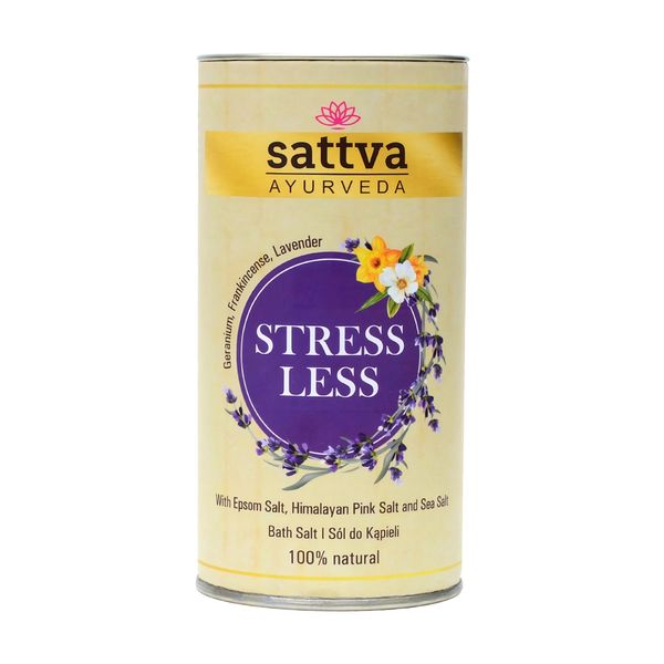 Sattva Badesalz und Fußbad - Stress Less Bath Salt - Entspannungsbad mit Geranium, Lavendel - 100% Natürliches Badekristalle mit Epsom Salz, Himalaya Salz und Meersalz für Männer, Frauen 300g