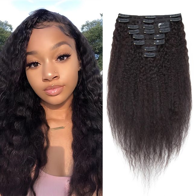 Elailite Afro Haarteile Clip in Extensions Echthaar für Ganzen Kopf 35cm 110g Haarverlängerung Remy 8 Teile Set Doppelt Tressen 18 Clips Kinky Straight 14" #1B Natürliches Schwarz