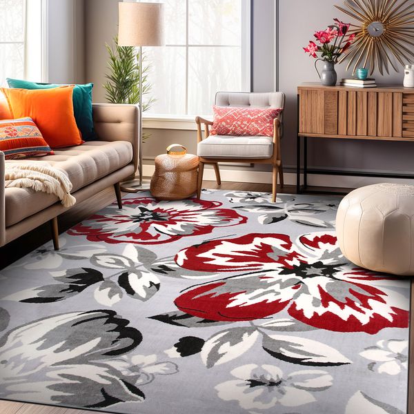 Rugshop Area Carpets Modern Floral Design Polypropylene Rugs Jute Red Rugs 5x7