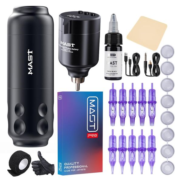 Mast Tattoo Maschine Kit Mast Tattoo Pen Rotary Tattoo Maschine Wireless Battery Tattoo Power Supply with Tattoo Cartridges Needles for Tattoo Beginner