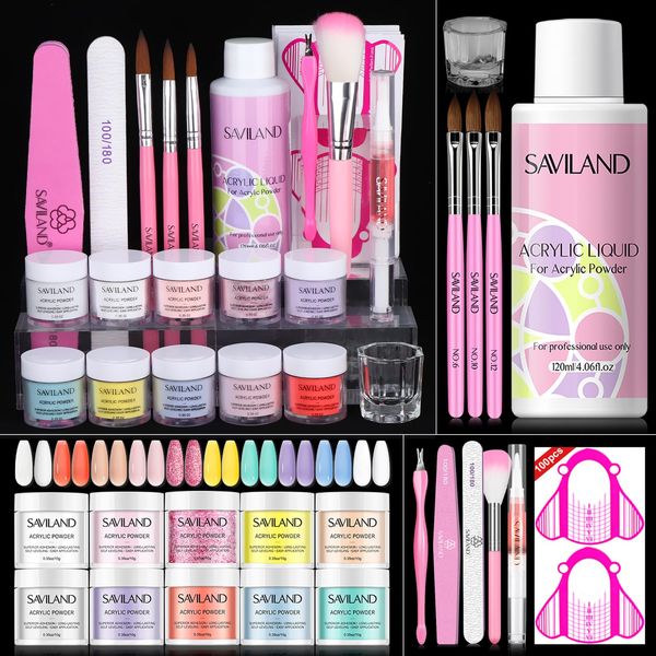 Saviland Acrylic Nail Set – 10 Colors Glitter Nudes Acrylic Powder and Acrylic Liquid Acrylic Nail Brushes Nail From Dappen Dish Cuticle Oil Manicure Tools for Acrylic Application at Home & Salon Use