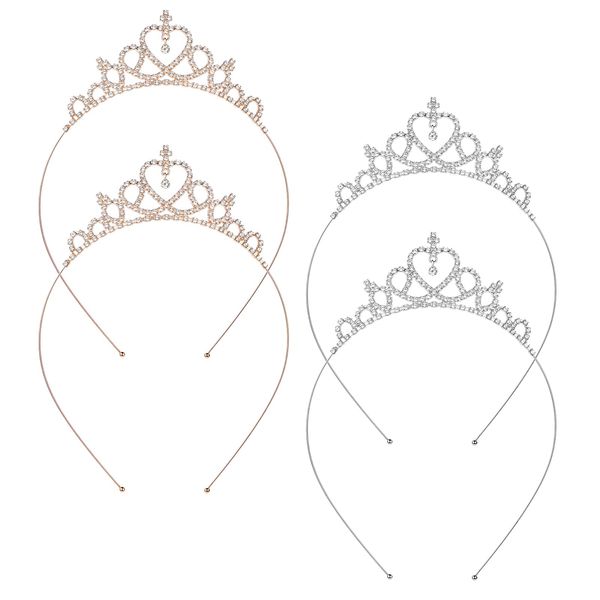 4 Pack Crown Tiara Headband for Women Glittering Rhinestone Peach Princess Crown Crystal Tiaras Heart Adjustable Cute Hair Band Birthday Headpiece Wedding Bridal Dress Up Accessories(Gold Silver)