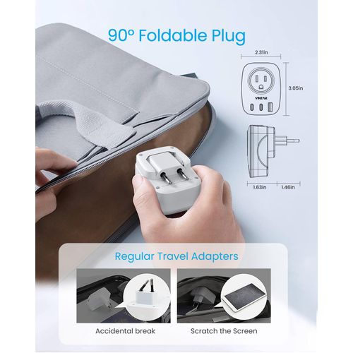 1 Pack European Travel Plug Adapter, VINTAR Foldable International Power Plug with 2 AC Outlets 3 USB Ports(2 USB C),Type C Travel Essentials Charger for US to Most of Europe EU France Italy Spain