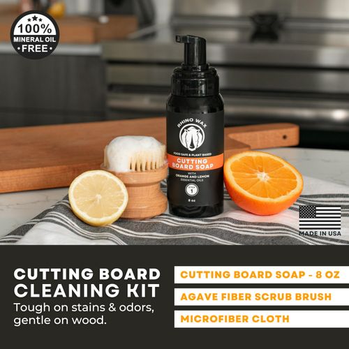 Rhino Wax Cutting Board Cleaning Kit - Includes Cutting Board Foaming Soap, Scrub Brush, Microfiber Cloth - Castile-Based Natural Cleaner - Easy Foam Soap Application - Food Safe - Made in USA