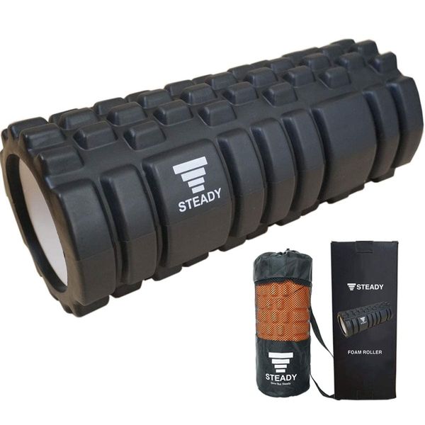 STEADY Foam Roller, Designed in Japan, Storage Bag and Training Video Included, Steady, Myofascial Release, Myofascial Roller (1. Black)