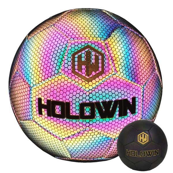 HW HOLOWIN Holographic Luminous Soccer Ball for Night Games & Training, Glowing in The Dark Light Up Reflective with Camera Flash Reflects Light Gifts, & Men (Size 5, Black)