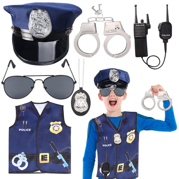 Keymall Kids Police Officer Costume 6 Pcs Cop Accessories Set Including Hat Vest Sunglasses Badge Holder Handcuff Walkie Talkie(Set C)