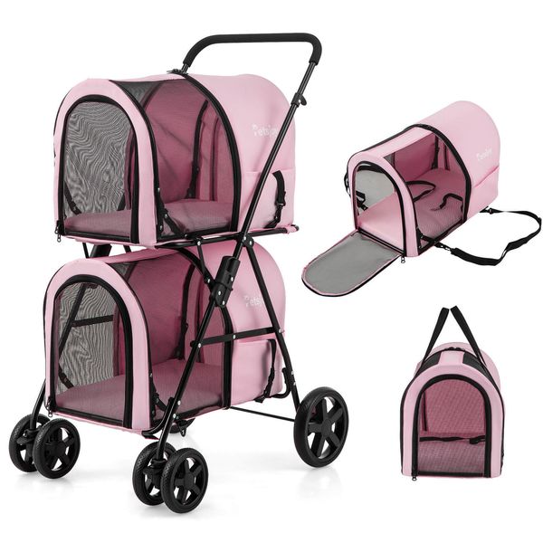 4-in-1 Double Pet Stroller w/ Detachable Carrier Travel Carriage for Cats Pink