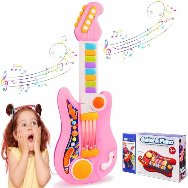 Kids Guitar, Perkidern Kids Electric Guitar Toy Toddler Guitar with Piano Mode Baby Guitar Children Guitar with Strap and Lights Ideal for 3+ Year Old Boys Girls Birthday