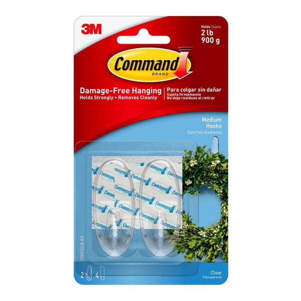 Command Medium Wall Hooks, Damage Free Hanging with Adhesive Strips, No Tools Wall Hooks for Hanging Decorations in Living Spaces, 12 Clear Wall Hooks and 24 Command Strips