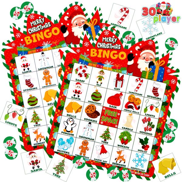 JOYIN 30 Players Christmas Bingo Cards, Xmas Bingo Game for Kids Family Activities, Holiday Winter Bingo Cards for Party Card Games, School Classroom Indoor Party Games