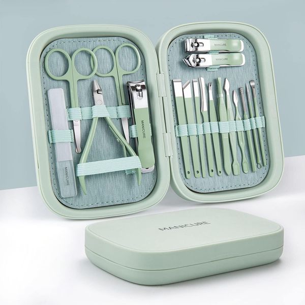 Professional Nail Set Pedicure Kit and Grooming Kit, Portable Travel Case for Men Women Gift Stainless Steel Nail Care Tool (Set of 18 Green)