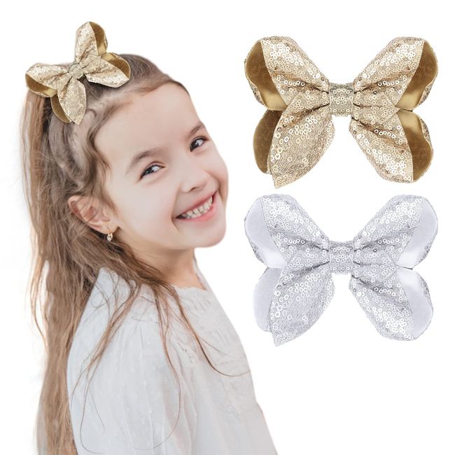 WLLHYF 5Inch 2 PCS Sequin Hair Bows Clips, Sequins Large Bows Alligator Hair Clip Hair Barrettes for Girls Toddlers Kids Teens Student Birthday Party Hairpins Gift Decor (Gold,Silver)