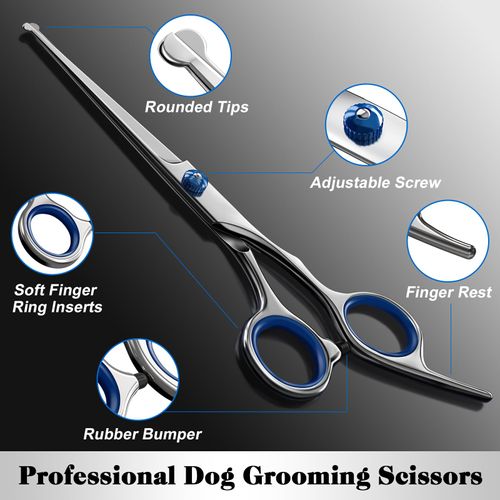 Professional 4 in 1 Dog Grooming Scissors Kit with Safety Round Tips,Sharp & Durable,Dog Shears for Grooming - Includes Straight, Curved, Thinning Scissors and Comb - Premium Pet Supplies
