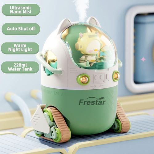 Frestar Mini USB Humidifier 220ml with LED Night Light, Small Cute Humidifier Bulit in Adorable Doll for Kids, Plant, Bedroom, Office, Desk, Babies Room, No Battery(Green-Huhu)