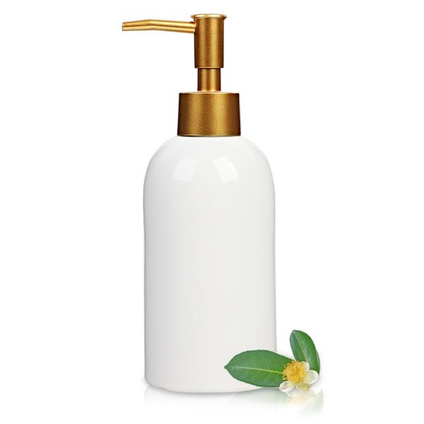 Classic Cylindrical Soap Dispenser, Multi-Color Ceramic Bottle with Gold Rust-Proof Pump(White)