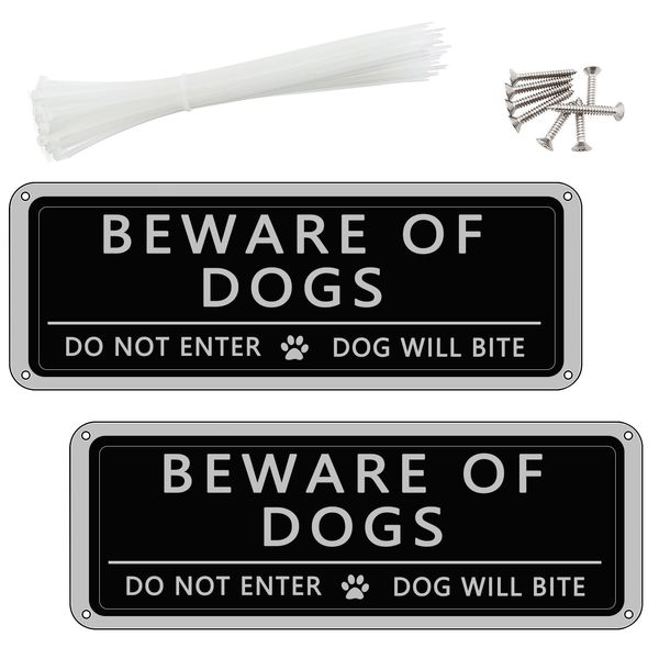 2 Pack Beware of Dogs Sign, 9.8'' x 3.5'' Beware Of The Dog Aluminum Signs with Zip Ties & Screws, Do Not Enter Warning Sign Dog Will Bite Safety Sign for Outdoor Gate Wall Fence