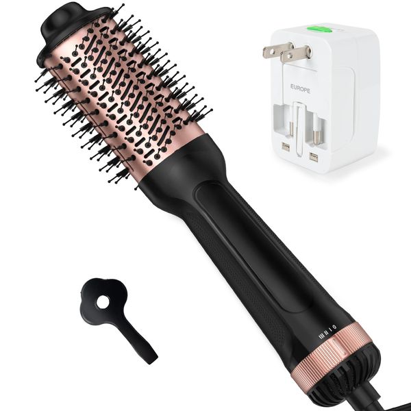 Dual Voltage Hair Dryer Brush for European Travel, Blow Dryer Brush with Universal Power Adapter, One-Step Hot Air Brush Volumizer,Smoothing,Dryer,C- Curls