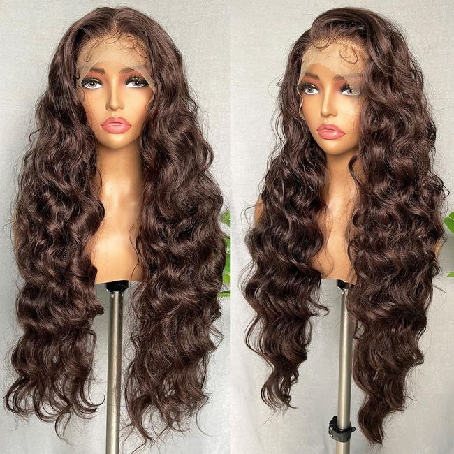 SOKU 32 Inch Long Brown 13x6 Lace Frontal Wig Lightweight Wavy Hair Pre Plucked Hairline with Baby Hair Glueless Transparent Lace Heat Resistant Synthetic Lace Front Wigs for Black Women