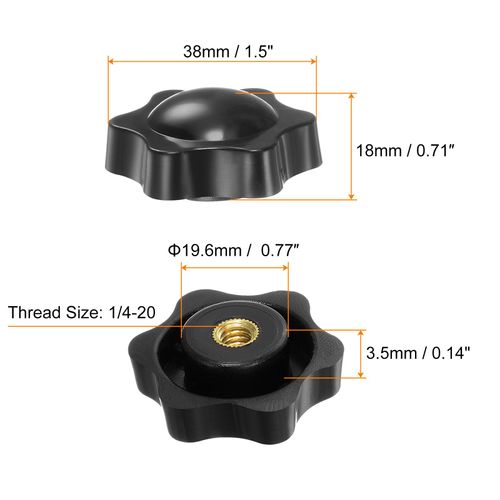 HARFINGTON 6pcs Star Knobs 1/4-20 Female Thread 1.5" (38mm) 6-Point Plastic Head Brass Insert Non-Through Hole Screw-in Threaded Hand Knob Clamping Handle, Black