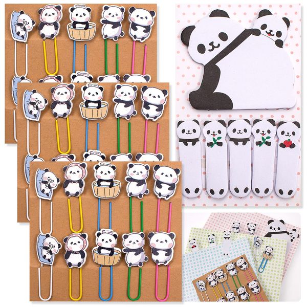 pandaonly 30Pcs Panda Paperclip Bookmarks, 3 Set Cute Panda Bookmark Clips with 1 Sheet Panda Sticky Notes-Funny Paperclips Bookmarks Planner Clips of Animal for Office Supplies Coworkers Gifts