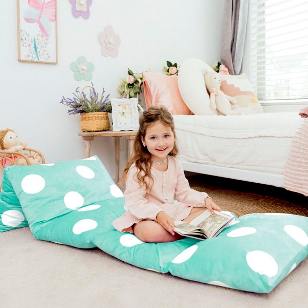 Butterfly Craze Floor Pillow Case, Mattress Bed Lounger Cover, Polka Aqua, Queen, Cozy Seating Solution for Kids & Adults, Recliner Cushion, Perfect For Reading, TV Time, Sleepovers, & Toddler Nap Mat