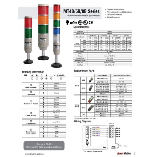 MT4B2CL, Stack Tower Light, 45mm Red/Green Color 2 Stack, Steady, Pole mounting Beige Body, 25" prewired, Incandescent, 220V AC 5W