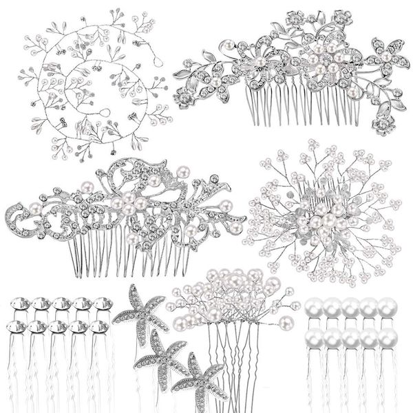 44Pcs Wedding Hair Combs for Brides Pearl Crystal Bridal Hair Accessories Side U Shaped Clips Silver Rhinestone Spiral Hair Pins for Women Bridesmaid Hair Down Headpiece