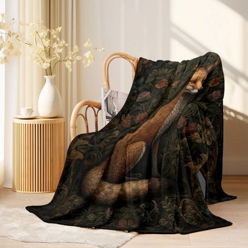 William Morris Throw Blanket for Couch Gothic Fox Fleece Bed Blanket Forest Animal Soft Blankets Botanical Floral Lightweight Fluffy Blankets Dark Academia Travel Bedding Decorative 50"X60"