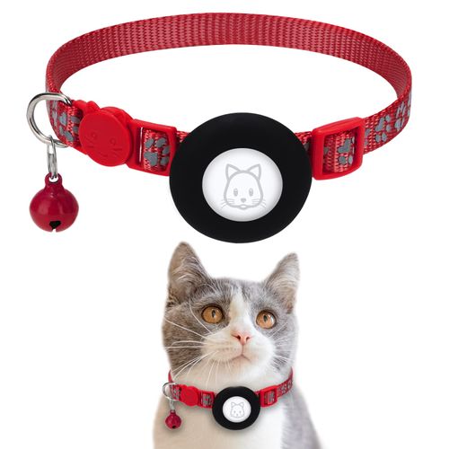 Airtag Cat Collar With Safety Buckle and Bell - Apple Air Tag Holder, Reflective 3/8" Width for Small Pets, Puppies, Kitten (Red)