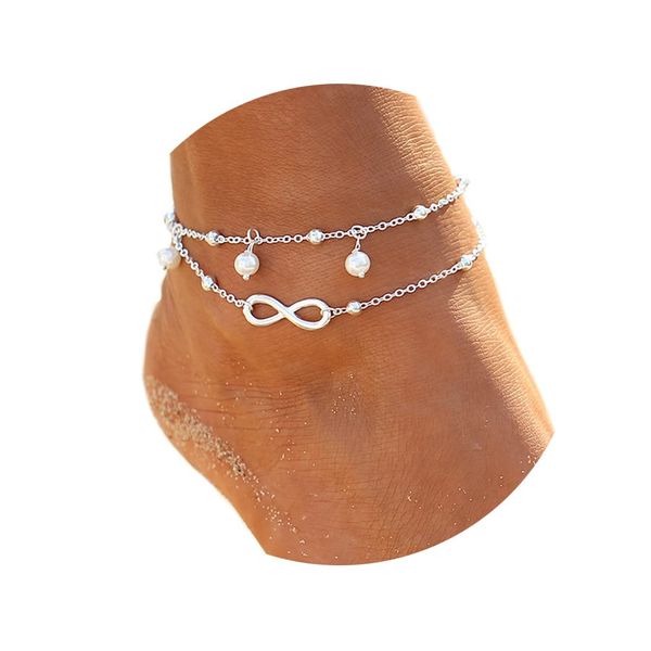 Ushiny Boho Forever Fußkettchen Silver Pearl Bead Fußkettchen Sommer Fußkettchen Set Einfache Liebe Fußkette Schmuck für Frauen und Mädchen