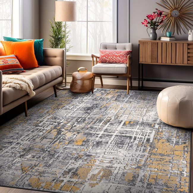 Rugshop Area Rug Distressed Abstract Stain Resistant Soft Room Carpet Yellow 5x7