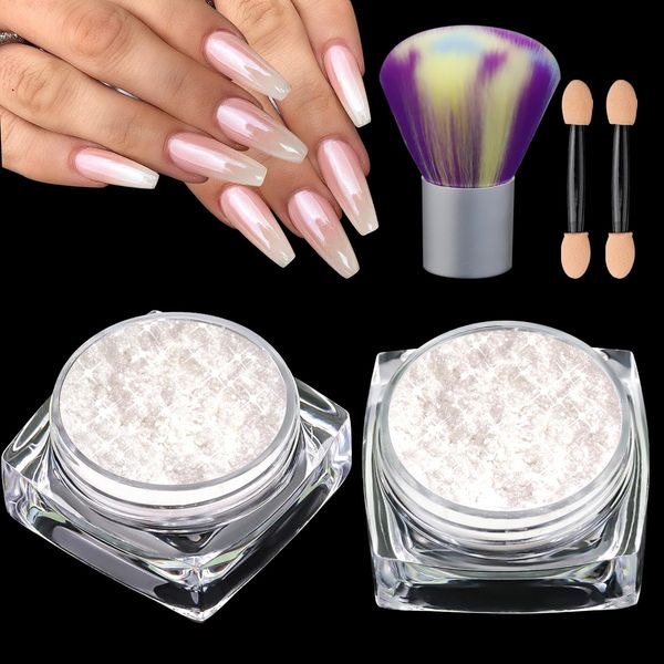 LEDSUUEI【Upgrade】Perle Chrom Nagelpuder Glitzerpuder Weiße, 2PCS Chrom Nagelpulver Pearl Effect Chrom Nail Powder mit Puderpinsel Nägel, Chrom Pulver für Glazed Donut Nails