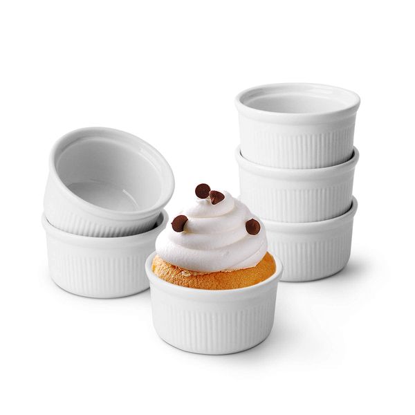 ComSaf 6.5CM White Porcelain Ramekins, 85ML Baking Cups for Souffle, Creme Brulee, Custards, Pudding, Jams, Sauce and Dips - Durable Pack of 6