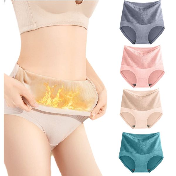 YOUHA Women's Cotton Panties, Set of 4, High Waist, Deep Lined, Fleece-Lined, Belly Wrap, Warm, Hot Water Bottle, Antibacterial, Warm Inner Pants, Lace, Large Size, Peach Butt, Underwear, Autumn and